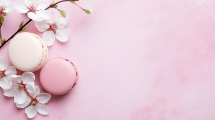 Naklejka na ściany i meble Flat lay composition with gift macaroons, and flowers on a pink background. Stylish invitation. Postcard Happy Valentine's Day, International Women's Day
