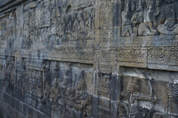 Bas relief stone sculpture at Borobudur, Indonesia