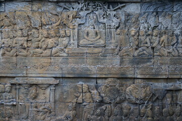 Bas relief stone sculpture at Borobudur, Indonesia