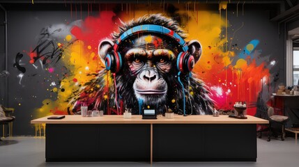 małpka kolorowa w słuchawkach muzycznych mamalowana na ścianie. - obrazy, fototapety, plakaty