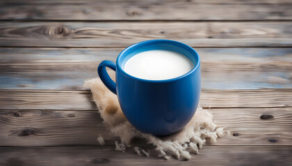 Fototapeta na wymiar Blue cup of milk on wooden background.