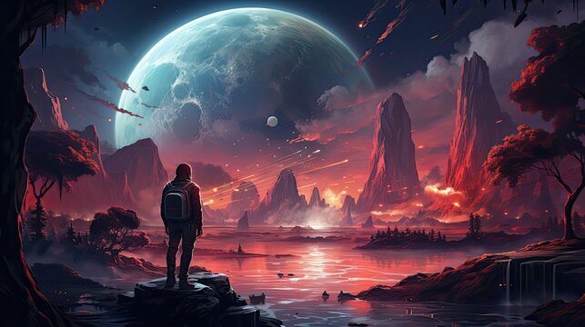 widok nieba z planetami na tle zagłady kataklizmu, konca świata
