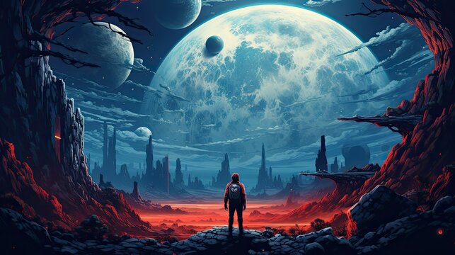 widok nieba z planetami na tle zagłady kataklizmu, konca świata