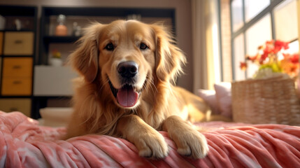 Golden retriever lounging cozily on a pink blanket