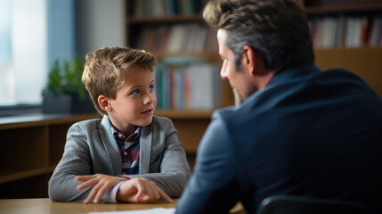 Young boy and an adult man engaged in a serious conversation, with the boy looking attentively at the man, suggesting a moment of learning or mentorship. - obrazy, fototapety, plakaty