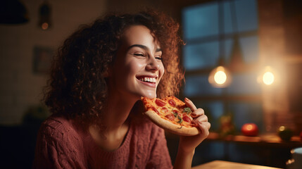 Smiling woman with curly hair, happily eating a slice of pepperoni pizza in a cozy home kitchen...