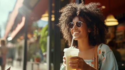 Curly-haired woman enjoying iced tea at a cozy cafe - obrazy, fototapety, plakaty