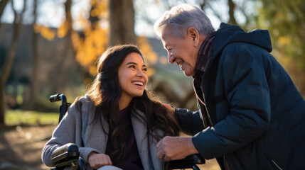 Young smiling woman in a wheelchair having a cheerful conversation with an older standing man in a park with autumn leaves in the background
