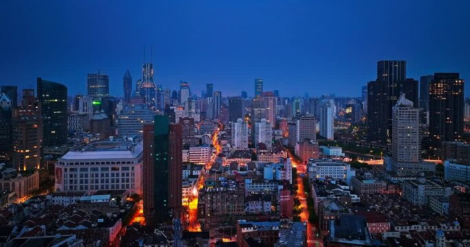 Aerial shot of city financial district skyline in Shanghai, China