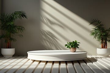 Circle minimal white podium with green tropical plants in vase and trendy shadows