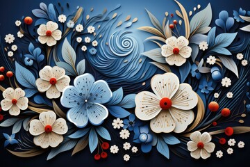 Blue floral background with flowers and leaves for Australia Day.  - obrazy, fototapety, plakaty