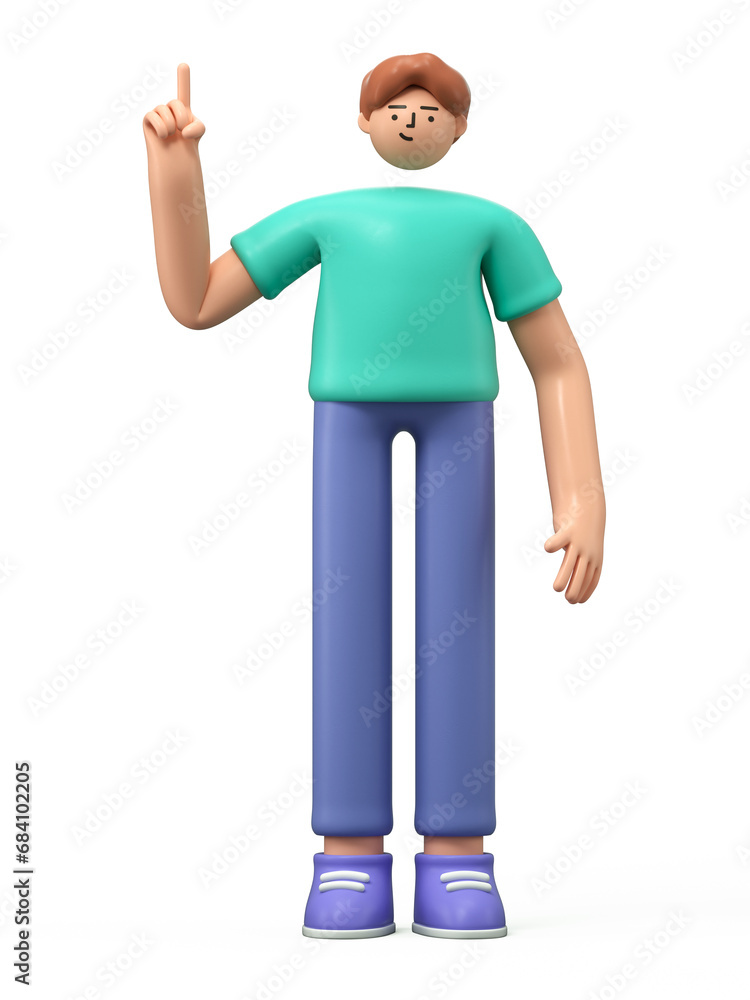Poster a 3d cartoon character standing and showing hand at direction,with index finger up gesture, 3d rende