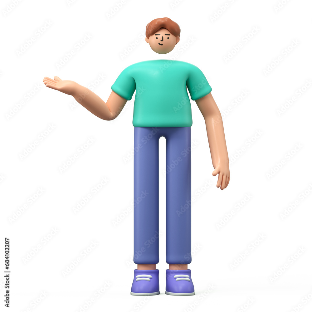 Poster a 3d cartoon character standing and showing hand at direction. 3d rendering,conceptual image, isolat