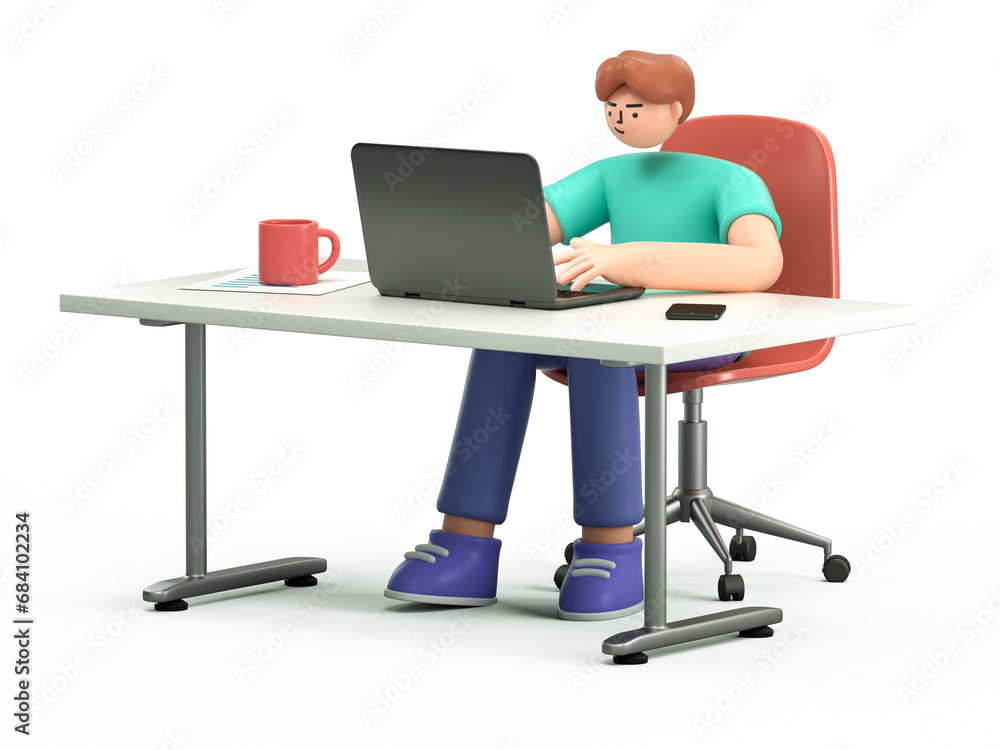 Poster a 3d cartoon character is sitting at desktop. work the computer, office worker or company employee. 