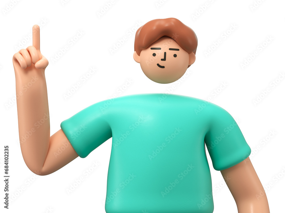 Poster a 3d cartoon character standing and showing hand at direction,with index finger up gesture, 3d rende