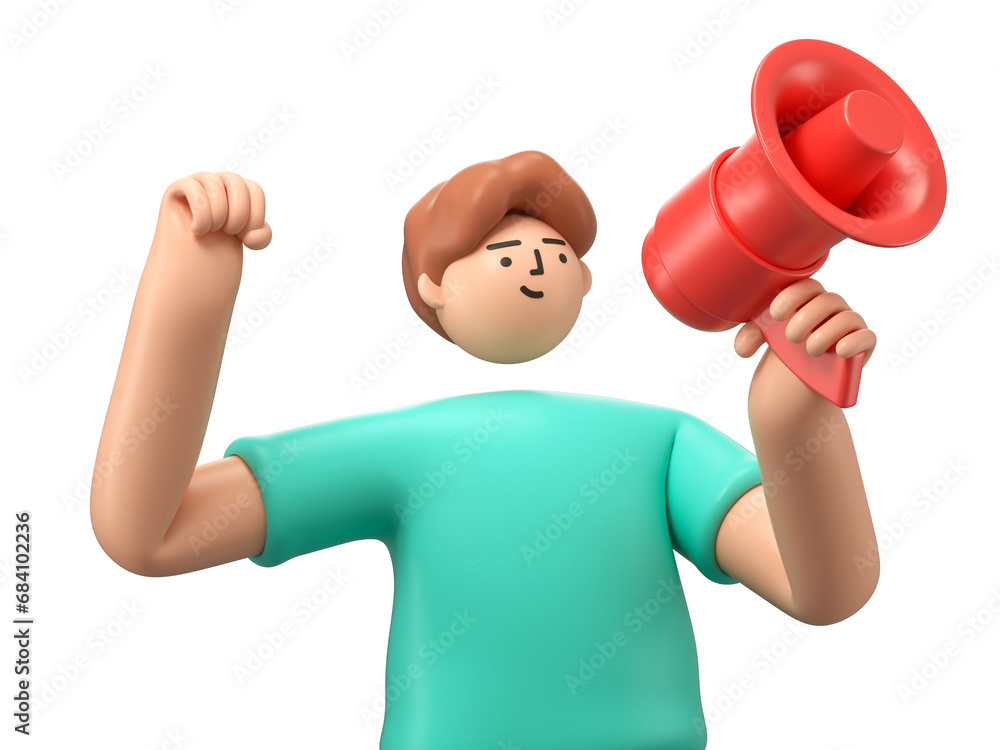 Poster a 3d cartoon character is holding a speaker, making announcement with megaphone loudspeaker. 3d rend