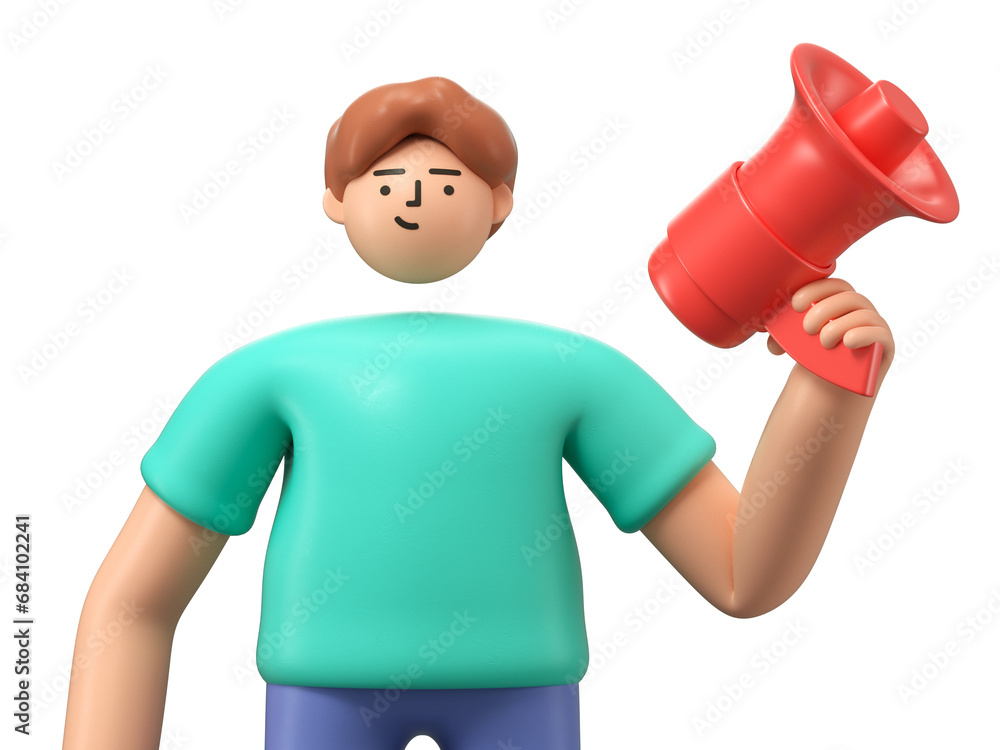 Poster a 3d cartoon character is holding a speaker, making announcement with megaphone loudspeaker. 3d rend