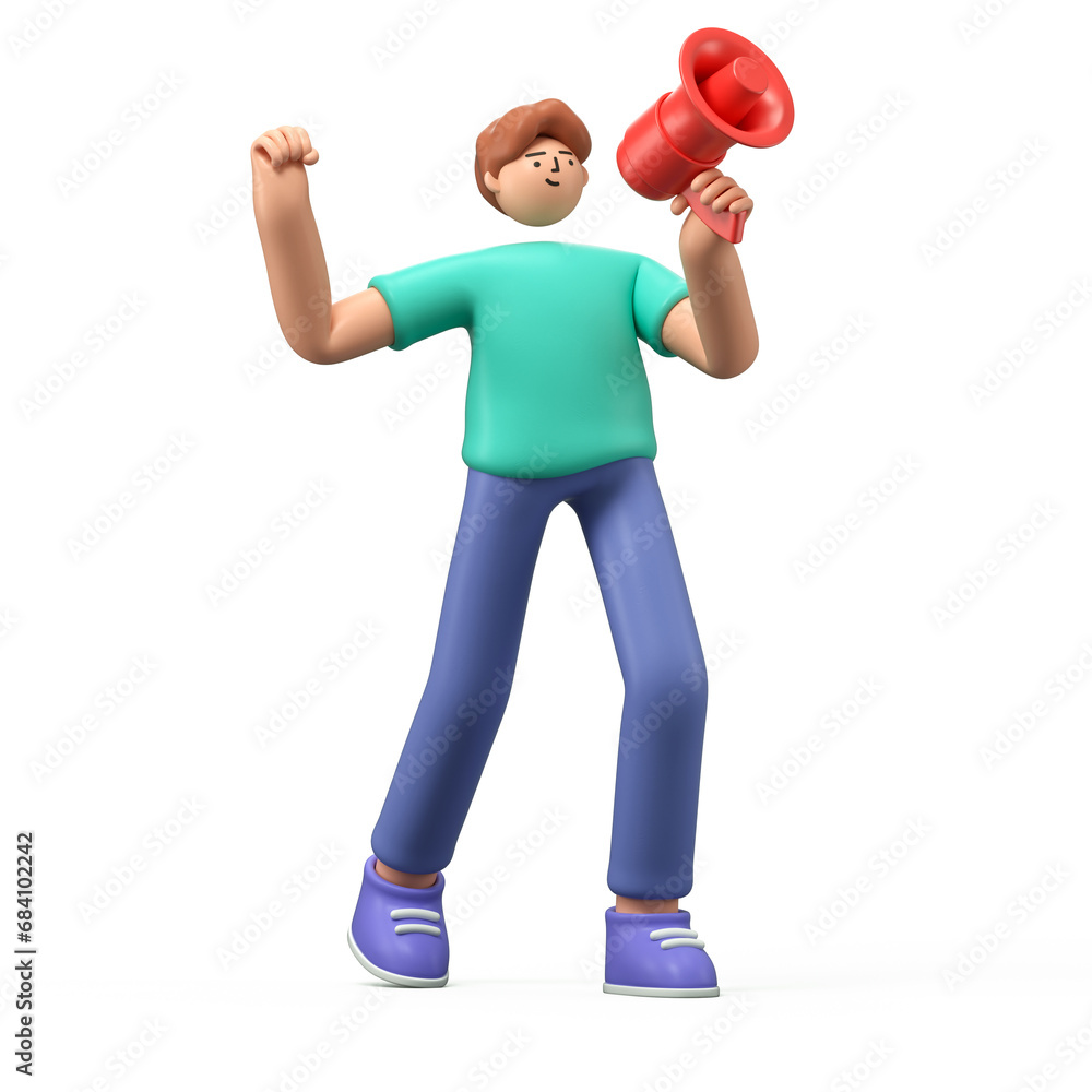Poster a 3d cartoon character is holding a speaker, making announcement with megaphone loudspeaker. 3d rend