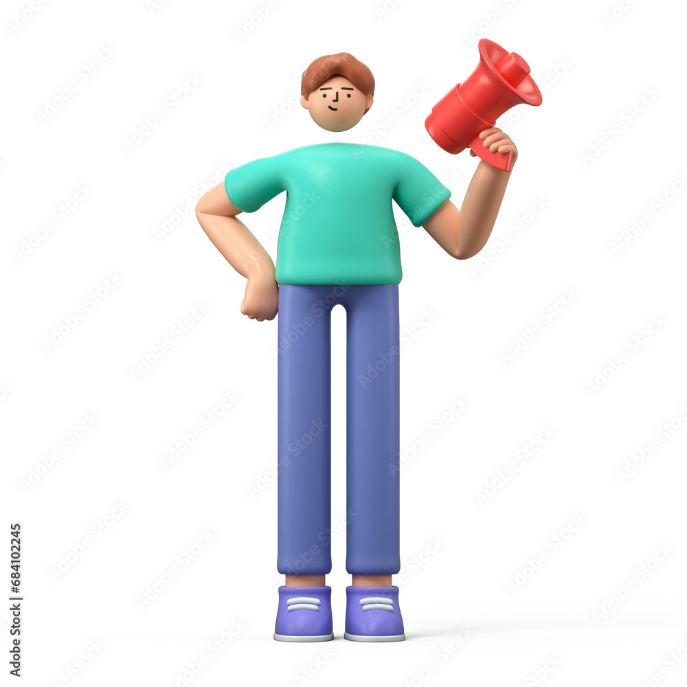 Poster a 3d cartoon character is holding a speaker, making announcement with megaphone loudspeaker. 3d rend
