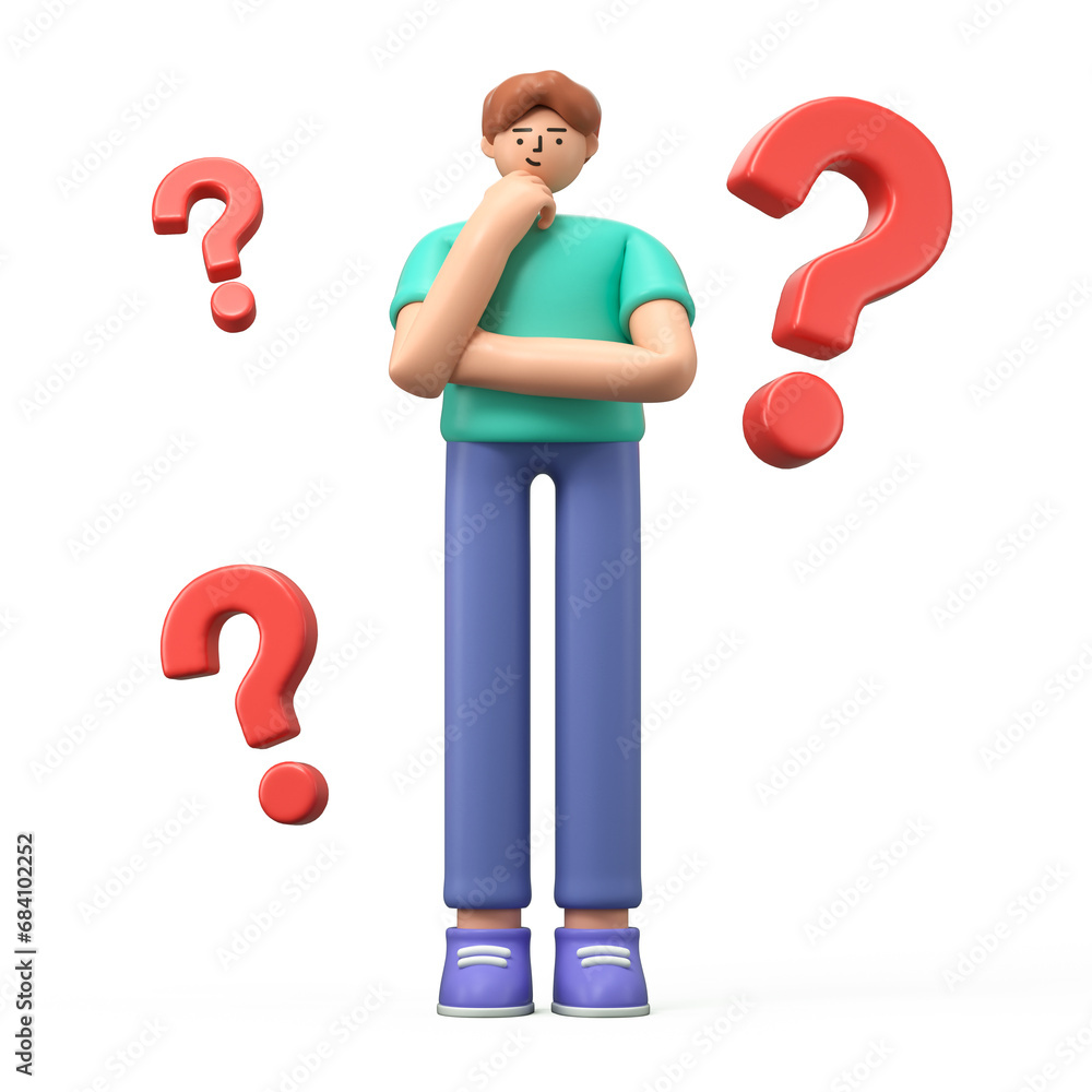 Wall mural a 3d cartoon character with a red question mark.confused man thinking in a thoughtful pose with ques