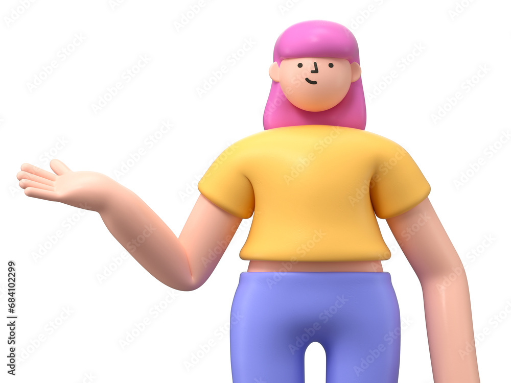 Poster a 3d cartoon character standing and showing hand at direction. 3d rendering,conceptual image, isolat