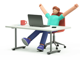 A 3D cartoon character success at work, victory in business concept. Happy employee at computer desk, rejoicing achieved goal. 3d rendering,conceptual image