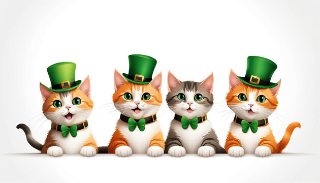 Cute St Patricks day cats with green hats o white with copy space digital art