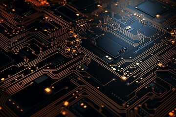 A sophisticated circuit board showcases intricate gold and copper lines, creating a futuristic ambiance&mdash;a captivating circuit board background. Created with generative AI tools