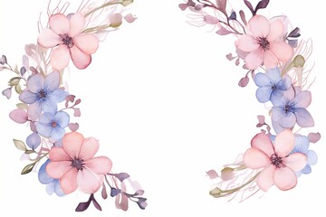 A white background serves as the canvas for a watercolor floral frame, where two identical floral wreaths composed of vivid flowers and leaves mirror each other. Created with generative AI tools