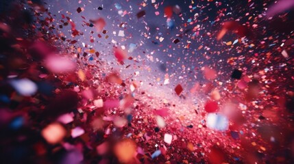 A festive and colorful party with flying neon confetti on a purple background