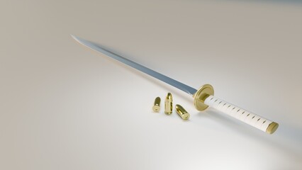 gold bullets and katana sword on white background , 3d render