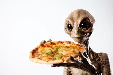 Alien With Piece Of Pizza In His Hands On White Background