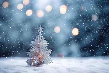 Fototapeta na wymiar Blurred Christmas Tree In Snowy Landscape With Snowflake Symbol