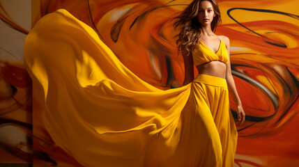 A fashion editorial photoshoot of a female model in her 20s in yellow dress - obrazy, fototapety, plakaty