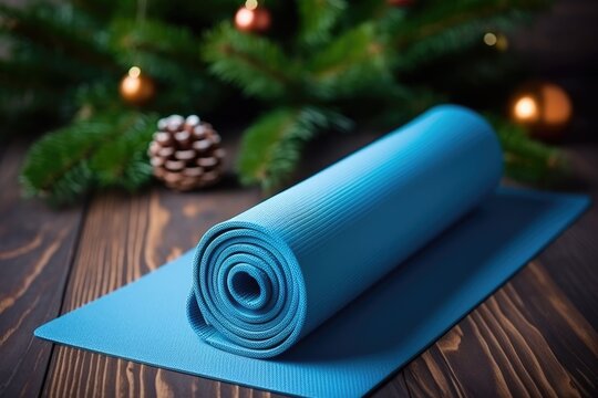 Blue Yoga Mat Decorated For Christmas, Healthy Lifestyle