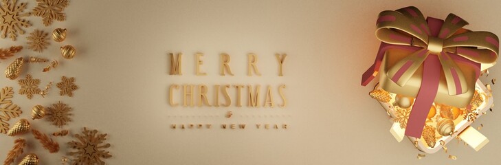 Merry Chrismas and Happy New Year banner with gift box  and decoration gifts background.3D rendering