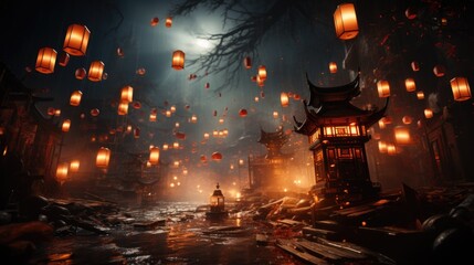Sea of Red Lanterns Illuminating Chinese New Year's Eve - obrazy, fototapety, plakaty