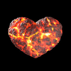 Heart shapes cracked are lava or magma burning to ashes It was so hot that reddish-yellow light on a black background. Concept is impatient, mean, black-hearted, cruel. clipping path. 3D Illustration.