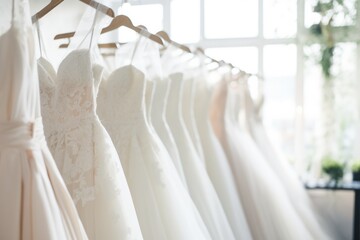 Elegant Bridal Dresses On Hangers Bridal Shop Boutique Salon - obrazy, fototapety, plakaty
