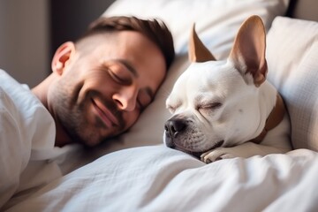 Happy Man And Dog Sleeping Together In White Bed At Home