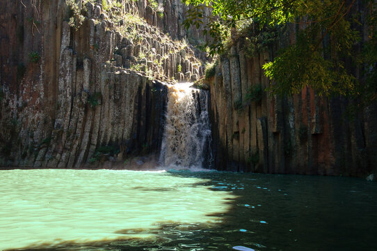 Basaltic Prisms of Santa Maria Regla. Tall columns of basalt rock in canyon, Huasca de Ocampo, Mexico