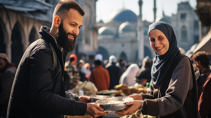 Volunteers distribute food to homeless people on a sunny Middle Eastern city street  - obrazy, fototapety, plakaty