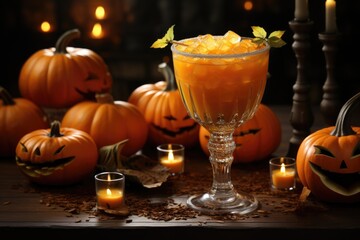 orange halloween cocktail and pumpkins on dark background. Festive drink. Generative AI