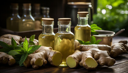 Obraz na płótnie Canvas Golden ginger oil in glass bottles with fresh ginger roots and green leaves on a rustic wooden table.