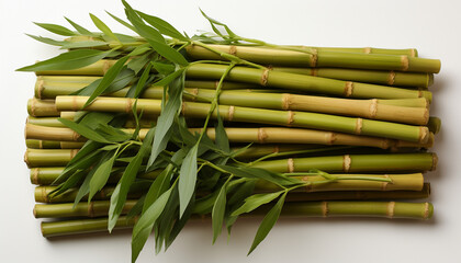 Fresh bamboo stems with vibrant green leaves on a white background.