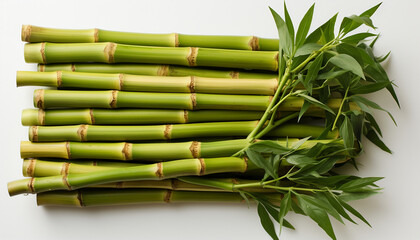 Fresh bamboo stems with vibrant green leaves on a white background.