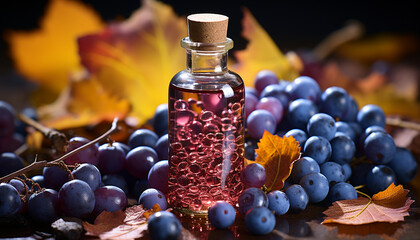 A transparent bottle with pink liquid among autumn grapes and fallen leaves.