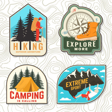 Set of camping patch, sticker. Outdoor adventure vector badge. Vintage typography design with forest pine tree and hiker, hiking boots and compass, camping tent, climber on the mountains and forest