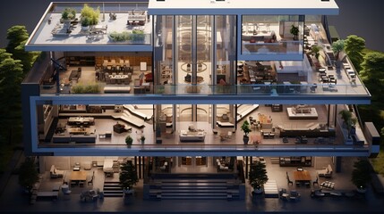 Realistic isometric modern apartment building rendering. Generative AI - obrazy, fototapety, plakaty