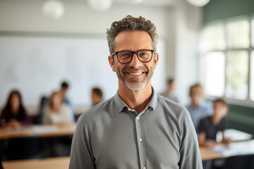 Fototapeta premium Smiling men teacher in a classroom. Teacher in a room. AI. 